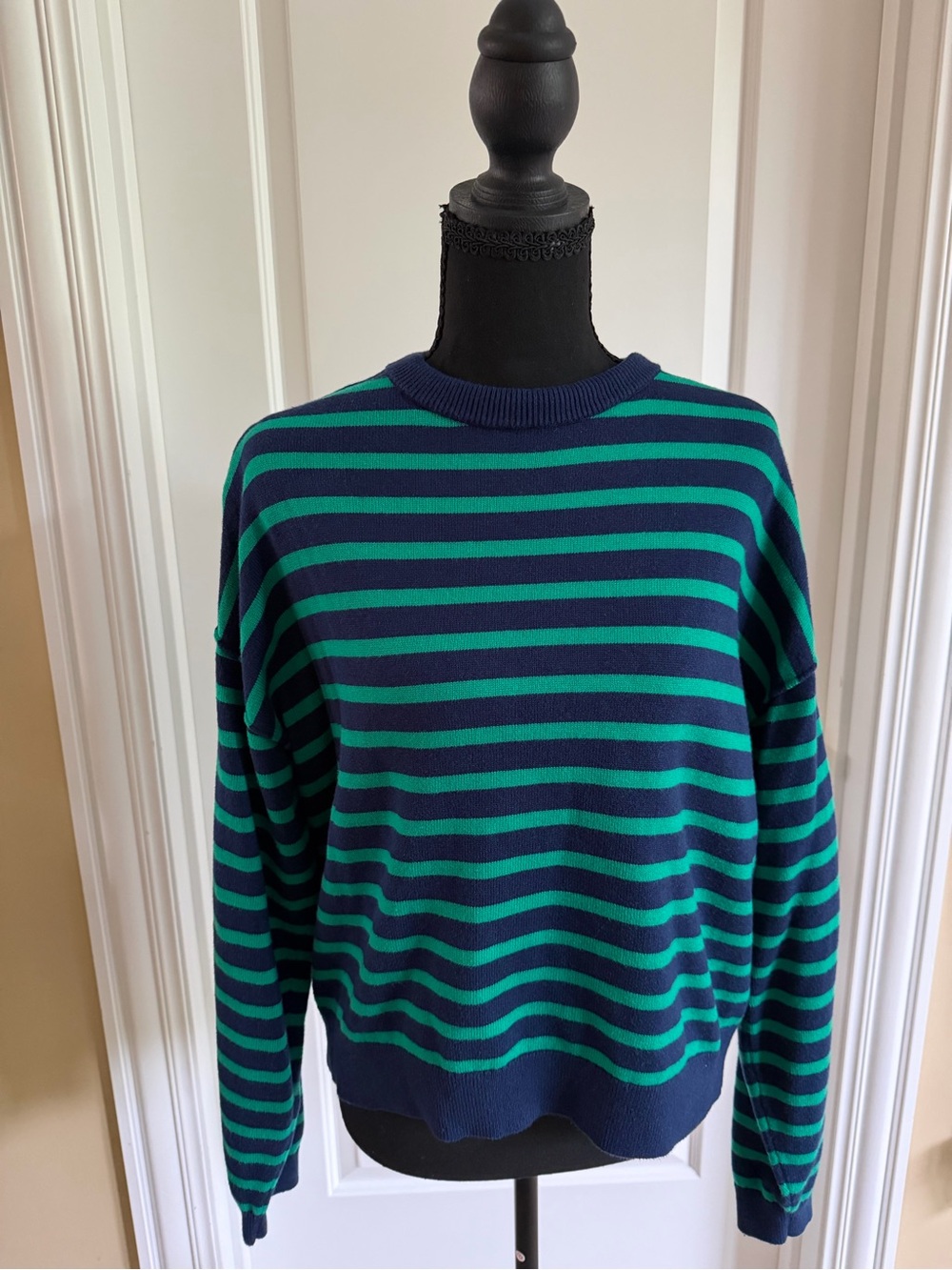 J. Crew Navy and Teal Striped Crewneck Sweater